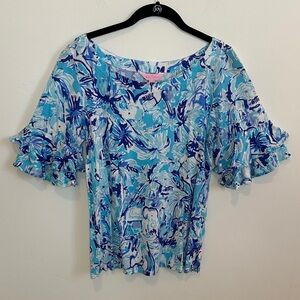 Lilly Pulitzer Lula Top, Elephant Print Turquoise and Dark Blue, Size Medium